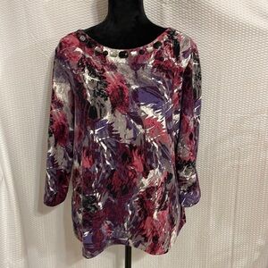 Lark Lane multicolored 3/4 sleeve blouse with beaded neckline size XL